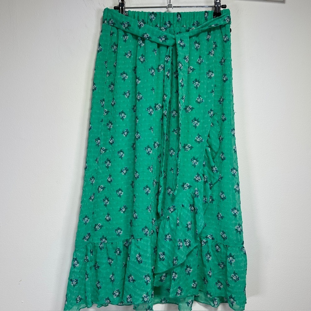 Numph Green Floral Ruffled Midi Skirt Pull On Lined Size 8 EU 36